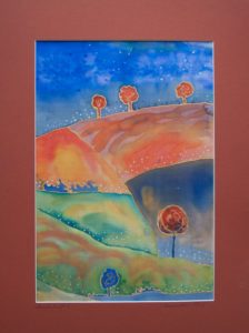 ohne Titel, 1993, Seidenmalerei, 27x40 cm, gerahmt mit Passepartout