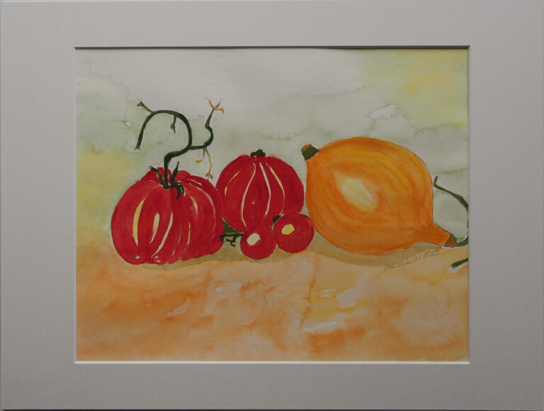 "Stillleben Tomaten I", 2025, 24 x 30 cm, gerahmt mit Passepartout