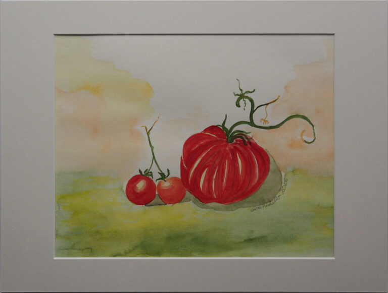 "Stillleben Tomaten II", 2025, 24 x 30 cm, gerahmt mit Passepartout