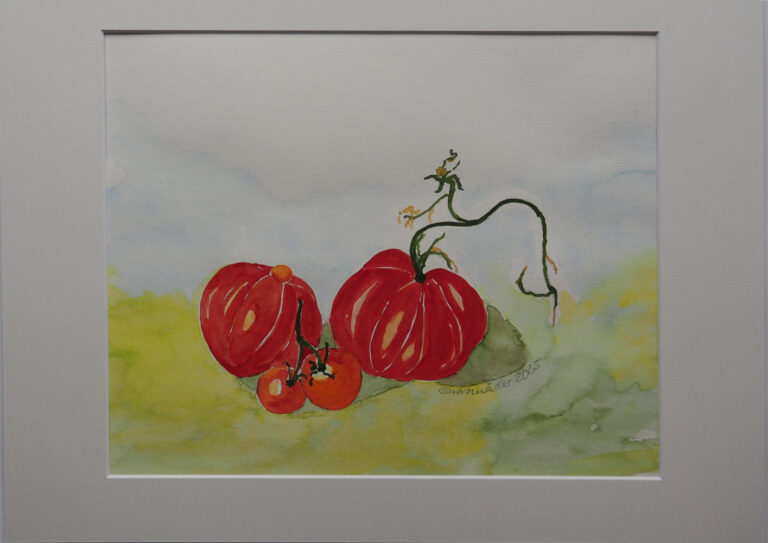 "Stillleben Tomaten III", 2025, 24 x 30 cm, gerahmt mit Passepartout